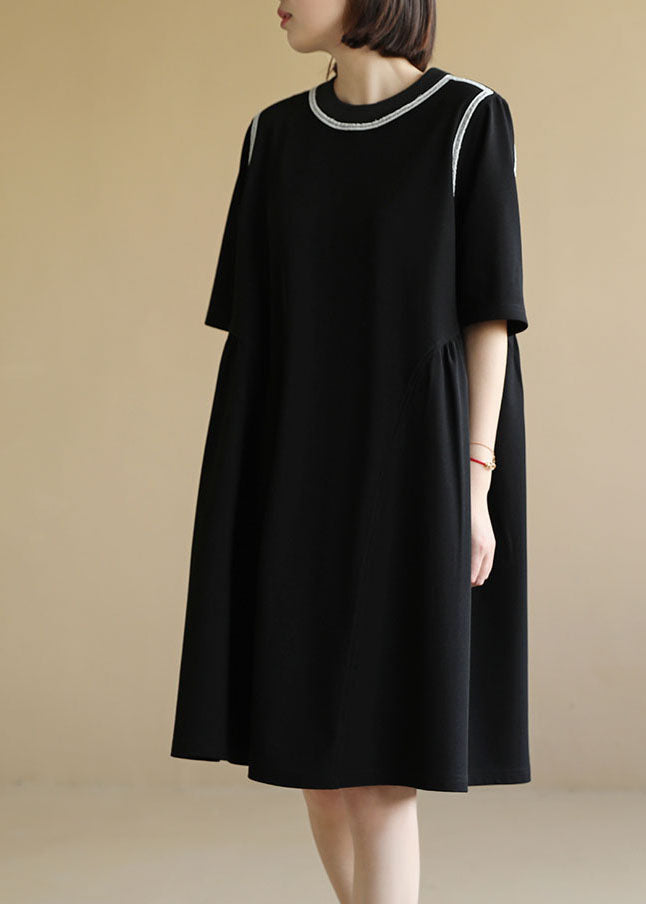 Italian Black O-Neck Patchwork Knit Cinch Mid Dress Short Sleeve
