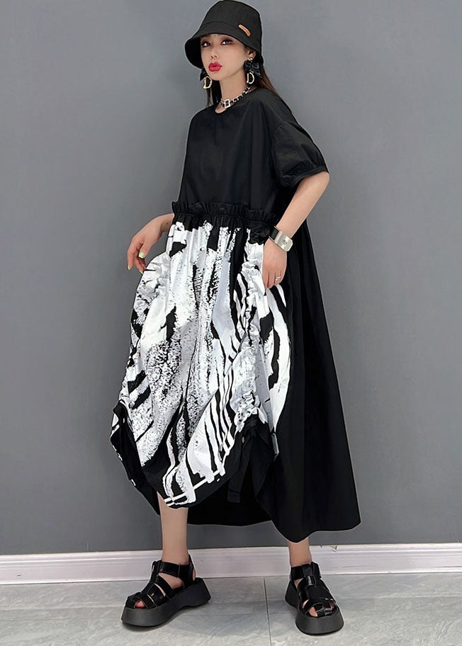 Italian Black O-Neck Patchwork Print Wrinkled Cotton Long Dress Short Sleeve