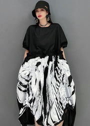 Italian Black O-Neck Patchwork Print Wrinkled Cotton Long Dress Short Sleeve