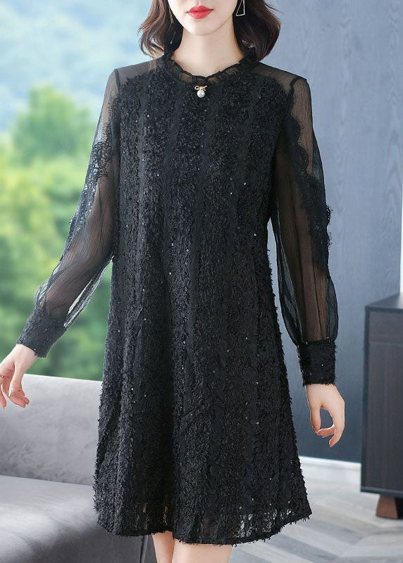 Italian Black O-Neck Patchwork Silk Mid Dress Spring