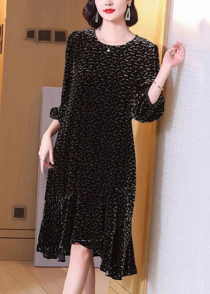 Italian Black O Neck Print Silk Velour Dress Bracelet Sleeve