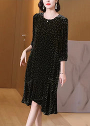 Italian Black O Neck Print Silk Velour Dress Bracelet Sleeve