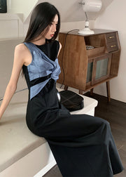Italian Black O Neck Side Open Patchwork Cotton Dress Sleeveless