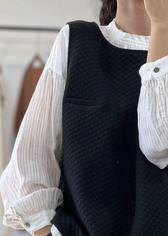 Italian Black O-Neck Solid Plaid Cotton Vest Sleeveless