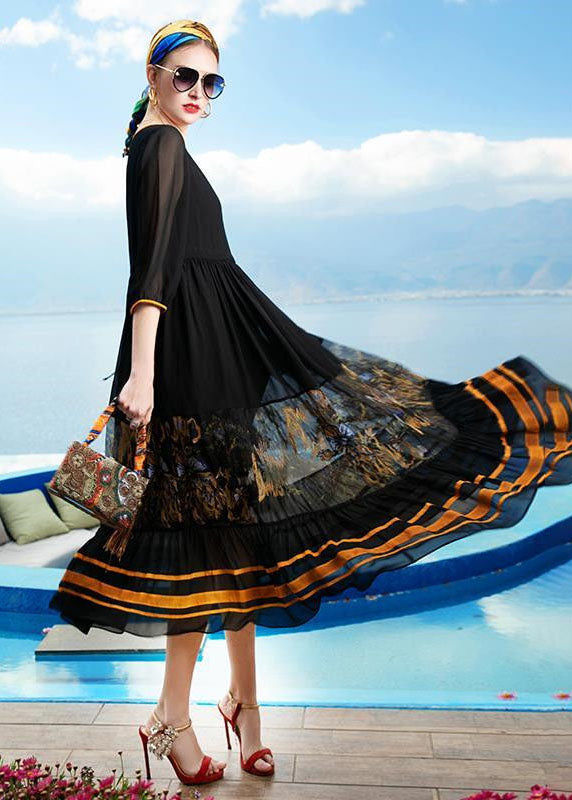 Italian Black O Neck Wrinkled Patchwork Print Silk Beach Holiday Dresses Summer