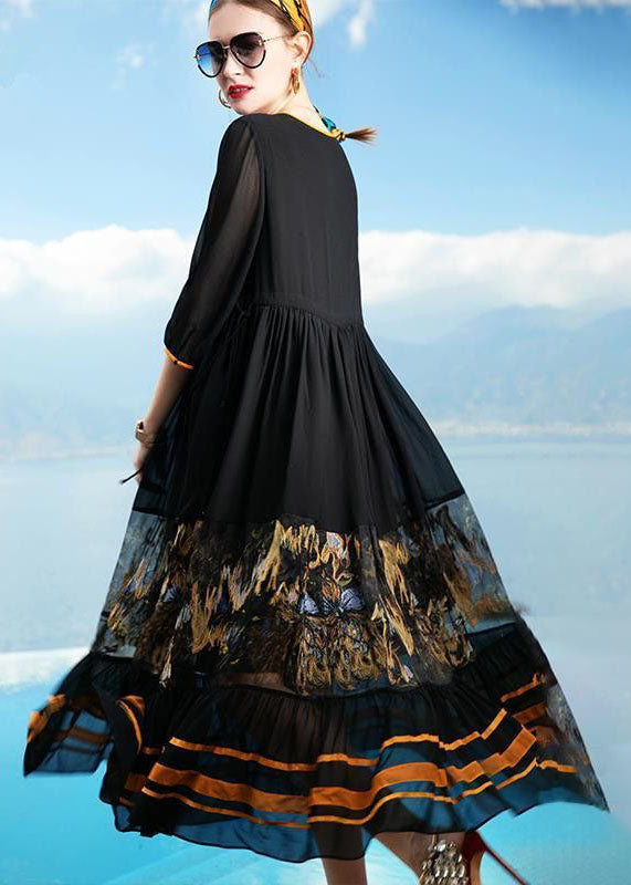 Italian Black O Neck Wrinkled Patchwork Print Silk Beach Holiday Dresses Summer