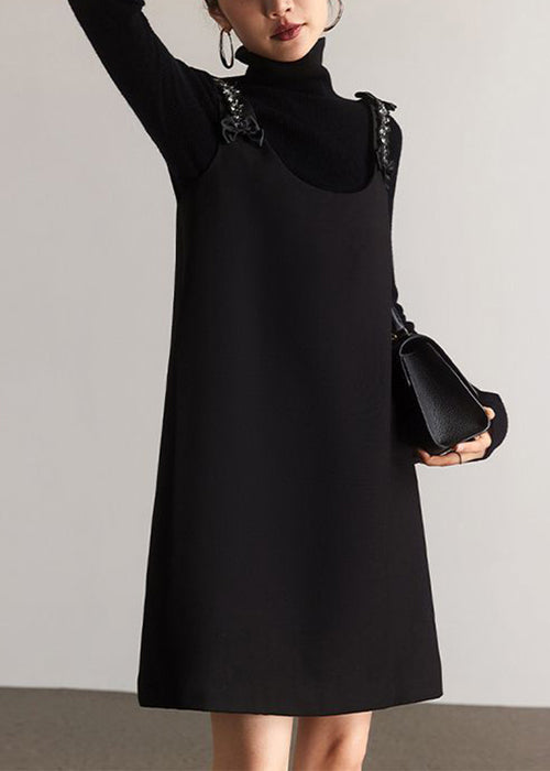 Italian Black O-Neck Zircon Patchwork Cotton Mid Dress Sleeveless