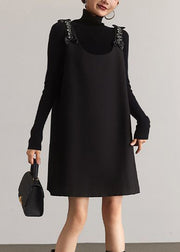 Italian Black O-Neck Zircon Patchwork Cotton Mid Dress Sleeveless