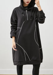 Italian Black Oversized Patchwork Cotton Sweatshirt Dress Fall