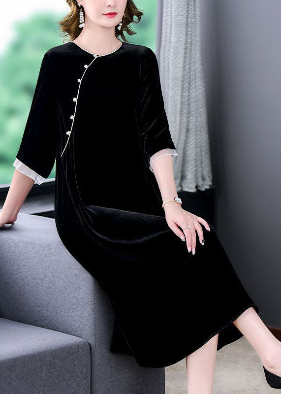 Italian Black Oversized Patchwork Silk Velour Long Dress Half Sleeve