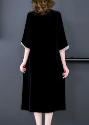 Italian Black Oversized Patchwork Silk Velour Long Dress Half Sleeve