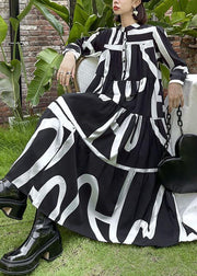 Italian Black Patchwork Button Print Fall Long sleeve Party Dress - SooLinen