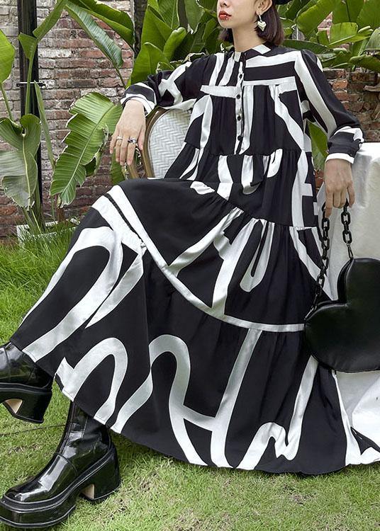 Italian Black Patchwork Button Print Fall Long sleeve Party Dress - SooLinen