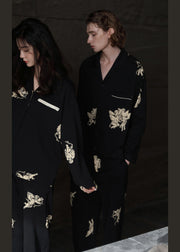Italian Black Peter Pan Collar Print Button Cotton Couple Pajamas Two Pieces Set Spring
