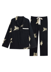 Italian Black Peter Pan Collar Print Button Cotton Couple Pajamas Two Pieces Set Spring