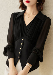 Italian Black Peter Pan Collar Wrinkled Patchwork Shirt Tops Long Sleeve