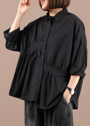 Italienisches schwarzes PeterPan-Kragen-Falten-Knopf-Herbst-Hemd mit langen Ärmeln