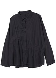 Italienisches schwarzes PeterPan-Kragen-Falten-Knopf-Herbst-Hemd mit langen Ärmeln