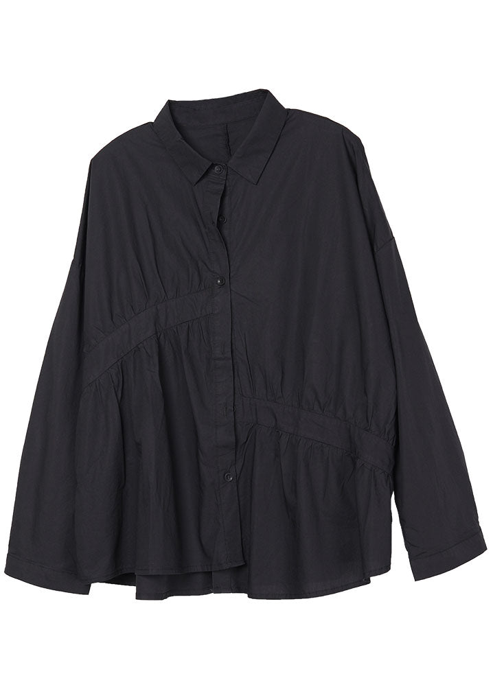 Italian Black PeterPan Collar Wrinkled Button Fall Shirt Long Sleeve