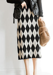 Italian Black Plaid Elastic Waist Knit A Line Skirt Fall