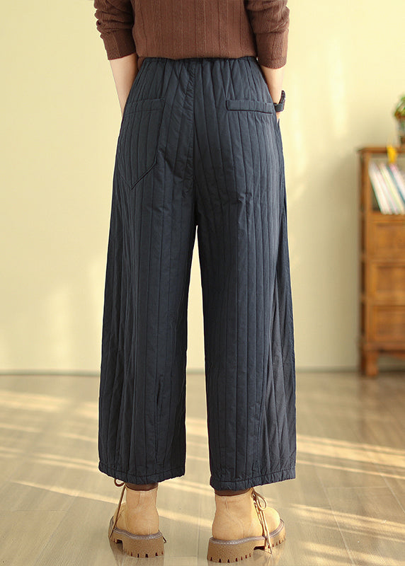 Italian Black Pockets Elastic Waist Fine Cotton Filled Straight Pants Winter