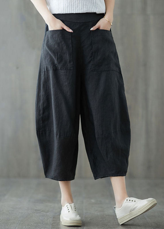 Italian Black Pockets Elastic Waist Patchwork Linen Crop Pants Summer