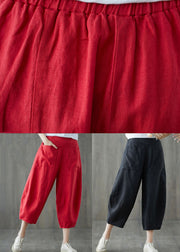 Italian Black Pockets Elastic Waist Patchwork Linen Crop Pants Summer