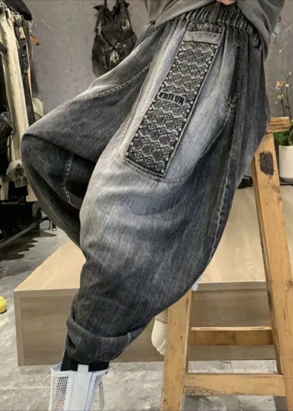 Italian Black Pockets Elastic Waist Print Sashes Harem Pants Fall