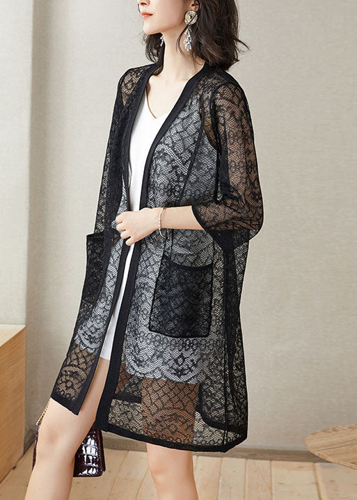 Italian Black Pockets Hollow Out Patchwork Lace Cardigans Summer