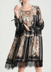Italian Black Print Chiffon O-Neck Summer Party Dress - SooLinen