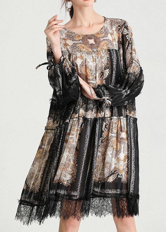 Italian Black Print Chiffon O-Neck Summer Party Dress - SooLinen