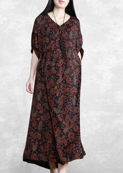 Italian Black Print Dresses V Neck Asymmetric Maxi Spring Dress - SooLinen