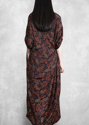 Italian Black Print Dresses V Neck Asymmetric Maxi Spring Dress - SooLinen