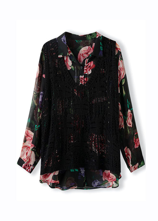 Italian Black Print Knit Waistcoat And Shirts Two Piece Set Long Sleeve