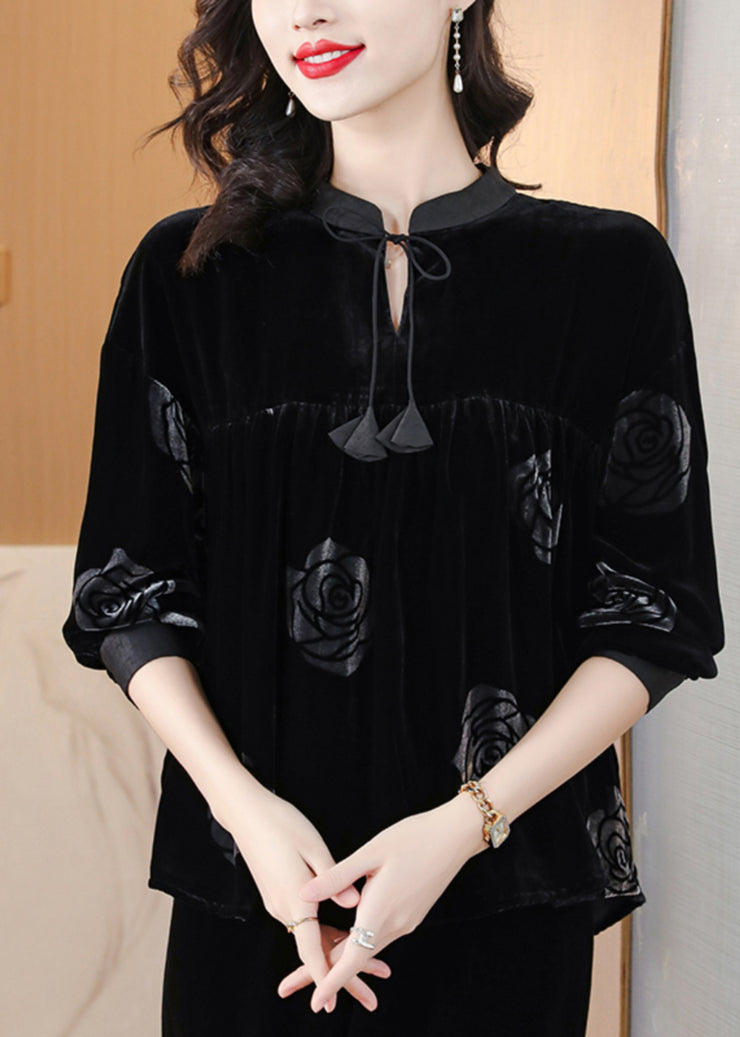 Italian Black Print Lace Up Silk Velour Shirts Top Spring