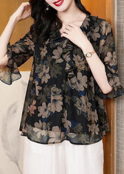 Italian Black Print Wrinkled Patchwork Silk Shirt Top Flare Sleeve