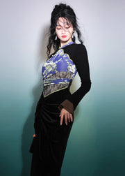 Italian Black Print Wrinkled Silk Velour Maxi Dresses Long Sleeve