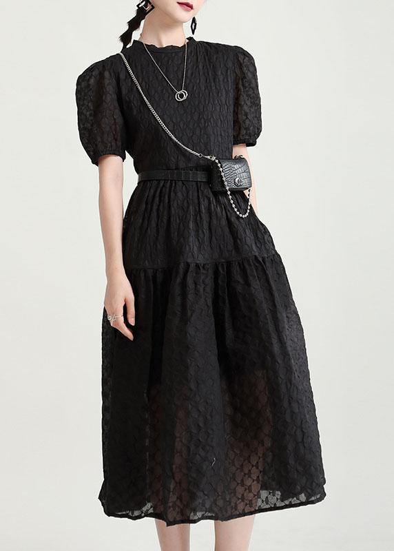 Italian Black Puff Sleeve Patchwork Summer Dress Short Sleeve - SooLinen