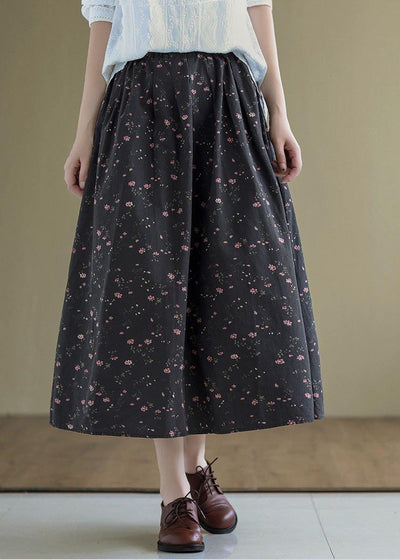 Italian Black Retro Print Summer Skirt Linen - SooLinen
