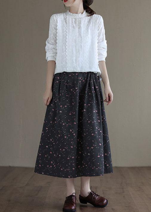 Italian Black Retro Print Summer Skirt Linen - SooLinen
