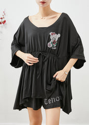Italian Black Ruffled Cinched Cotton Two Pieces Set Summer