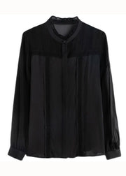 Italian Black Ruffled Lace Patchwork Silk Shirt Spring