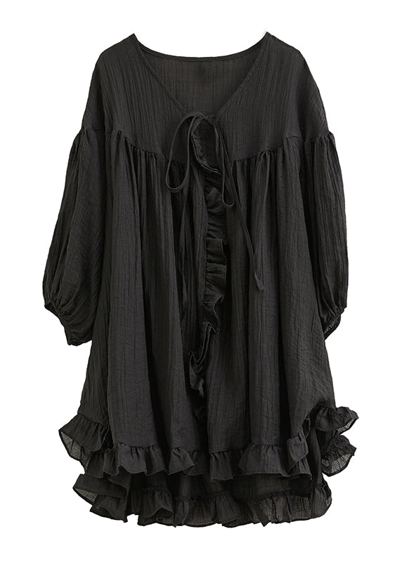 Italian Black Ruffled Lace Up Cotton Shirt Top Lantern Sleeve