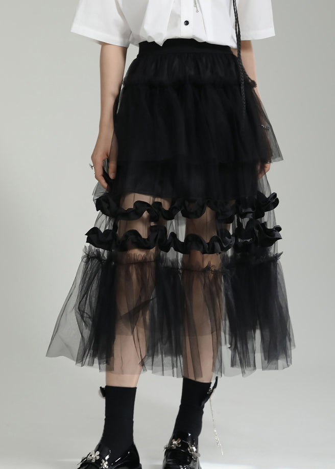 Italian Black Ruffled Layered Patchwork Tulle Skirts Summer