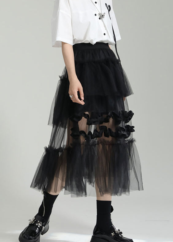 Italian Black Ruffled Layered Patchwork Tulle Skirts Summer