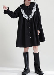 Italian Black Ruffled Patchwork Cotton Shirt Dresses Fall