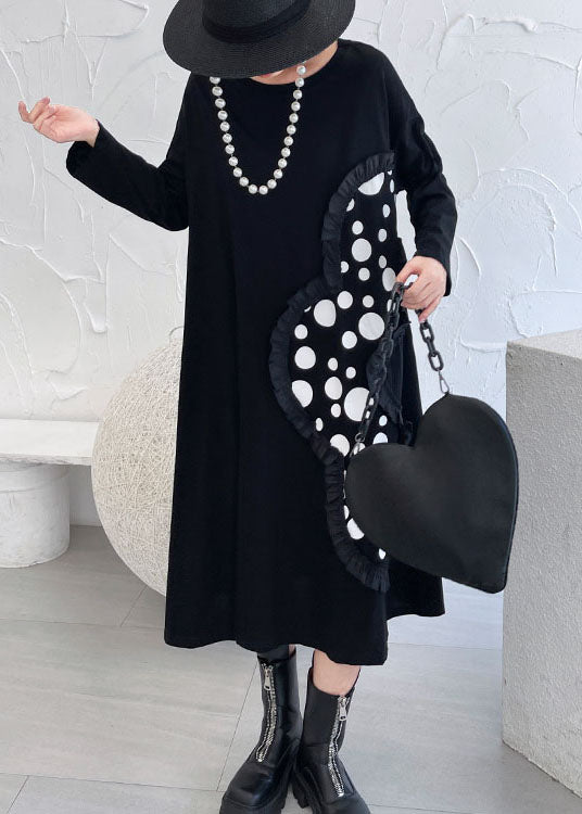 Italienisches schwarzes gekräuseltes Patchwork-Druck-Fall-Knöchel-Kleid mit langen Ärmeln
