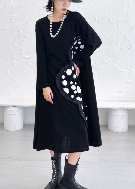 Italienisches schwarzes gekräuseltes Patchwork-Druck-Fall-Knöchel-Kleid mit langen Ärmeln