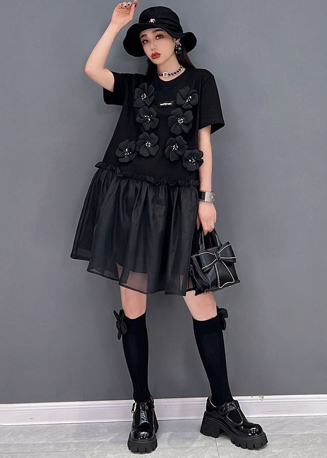 Italian Black Ruffled Tulle Patchwork Floral Cotton Mid Dress Short Sleeve