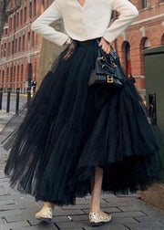 Italian Black Solid High Waist Tulle Skirt Spring